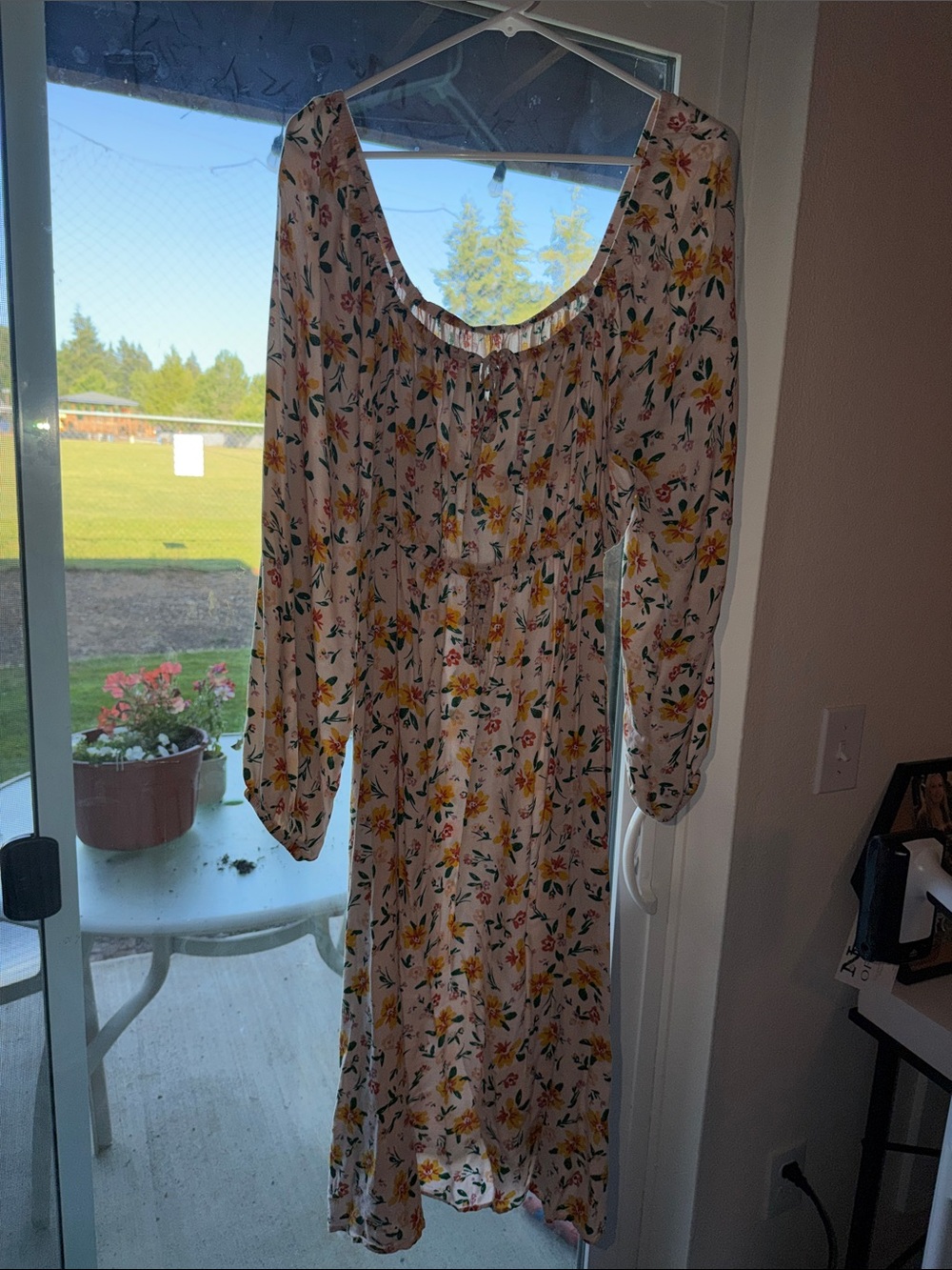 Floral Long-Sleeve Dress - Light Pink with Yellow Floral